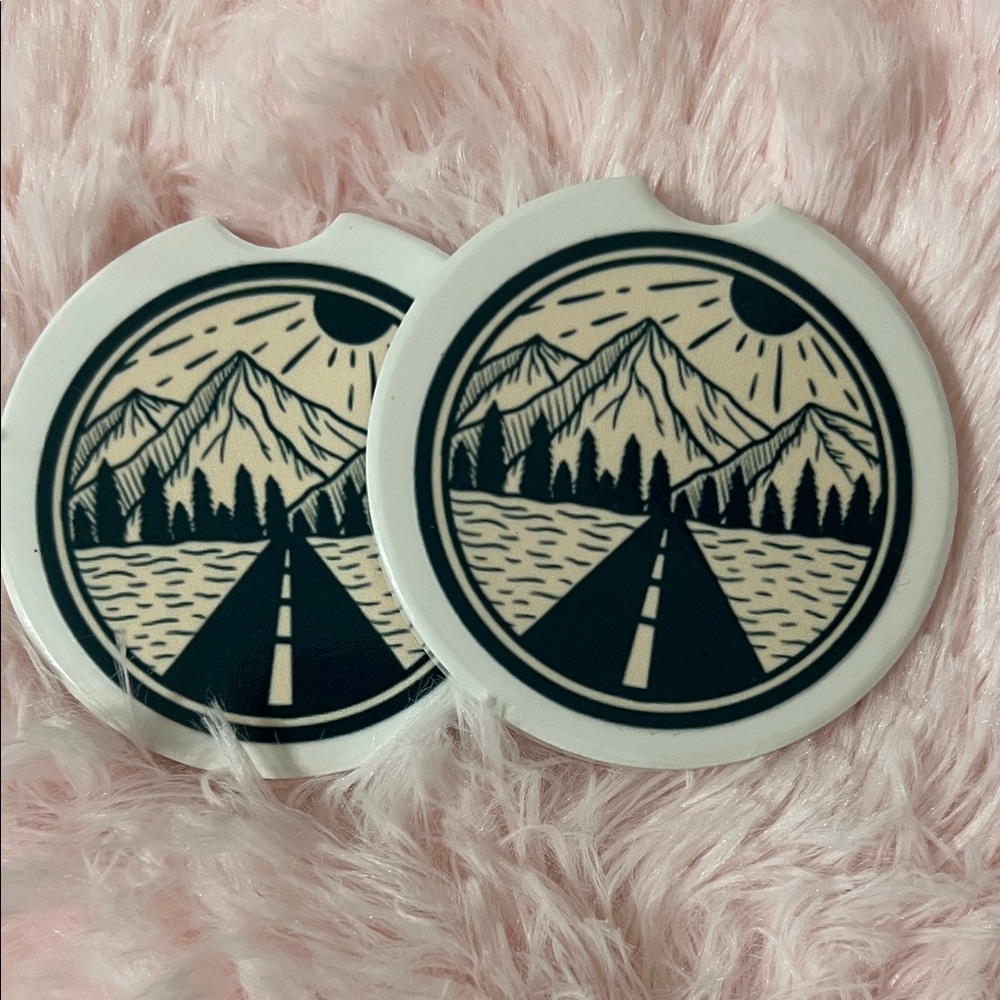 Scenic Mountain Road Car Coasters Set - Black and White